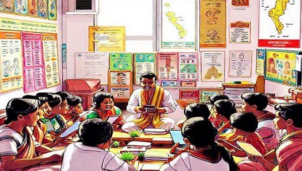 Create a high-definition image depicting a vibrant Indian classroom filled with enthusiastic learners engaging with Tamil language materials. The room is adorned with colorful posters showcasing Tamil culture, script, and famous Tamil literature. In the center, a diverse group of students of different ages are interacting with a friendly native Tamil tutor, surrounded by books, tablets, and cultural artifacts. Sunlight pours through a window, highlighting the joy of language learning, while a map of Tamil Nadu and Sri Lanka is visible on the wall, symbolizing connection to heritage.