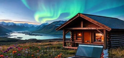 A serene Icelandic landscape at twilight, featuring vibrant wildflowers in the foreground and majestic fjords in the background, with the Northern Lights dancing above a cozy wooden cabin that symbolizes a learning space. Include elements like a stack of Icelandic books and a laptop open to a language learning platform, highlighting the connection between nature, culture, and education. Make the image in high definition.