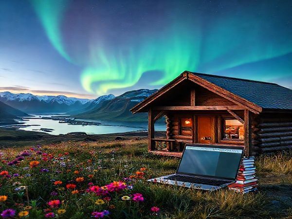 A serene Icelandic landscape at twilight, featuring vibrant wildflowers in the foreground and majestic fjords in the background, with the Northern Lights dancing above a cozy wooden cabin that symbolizes a learning space. Include elements like a stack of Icelandic books and a laptop open to a language learning platform, highlighting the connection between nature, culture, and education. Make the image in high definition.