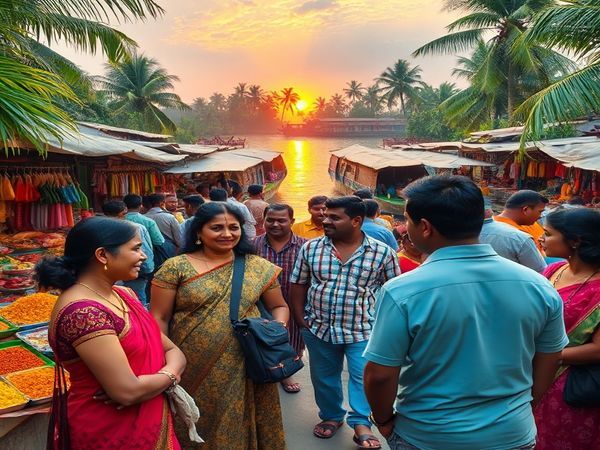 A vibrant scene of a bustling Kerala marketplace, alive with colorful stalls selling traditional spices, textiles, and handmade crafts. In the foreground, a diverse group of people, including travelers and locals, are engaged in lively conversations in Malayalam, expressing joy and cultural exchange. The backdrop features lush greenery and the iconic houseboats on the serene backwaters, with the sun setting in the distance. Include elements of traditional Kathakali dancers and intricate Malayalam script artfully integrated into the surroundings. Ensure the image is in high definition to capture the rich details of the scene.