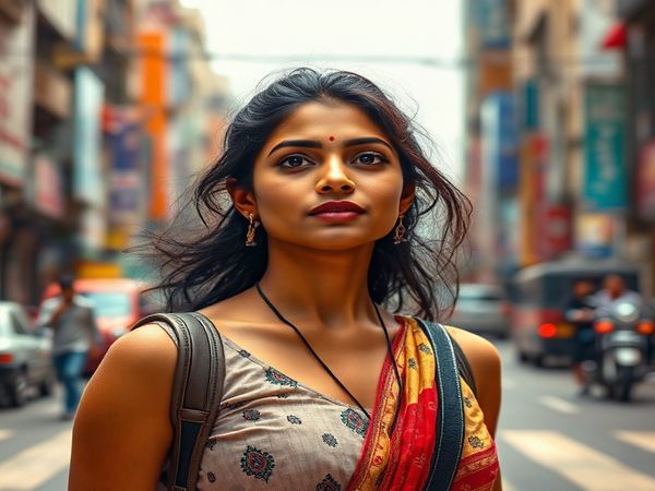 Create a high-definition image featuring a vibrant urban Indian setting, portraying a powerful woman, Kavya, in a moment of introspection. She stands at a crossroads, with a subtle mix of determination and vulnerability on her face, surrounded by the dynamic energy of city life. Include shadows of her supportive husband, Arjun, in the background, symbolizing modern partnership and shared responsibilities. Capture the emotional depth and rich colors of the scene, emphasizing the delicate balance between personal ambition and familial duty. Integrate elements that hint at societal expectations, such as traditional motifs, to reflect the film’s exploration of gender dynamics.