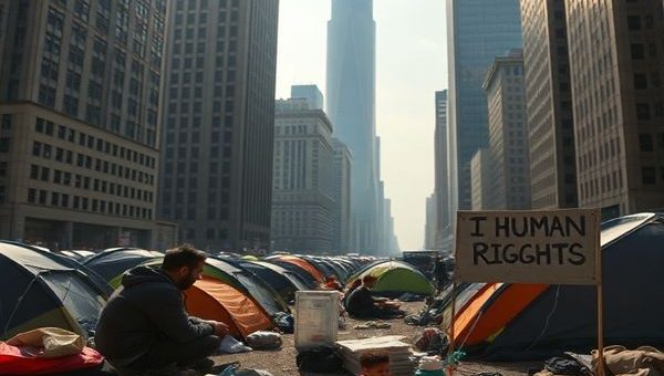 A high-definition image of a bustling urban landscape featuring a stark contrast between towering skyscrapers and a visible homeless encampment. The scene captures the somber reality of displacement, with individuals sitting against the backdrop of modernity, surrounded by makeshift tents and belongings. Light filters through the buildings, casting shadows that evoke a sense of isolation and struggle, while small details hint at their stories – a tattered book, a child’s toy, and a faded sign advocating for human rights. This image embodies the urgent call for empathy and reflection on societal values.