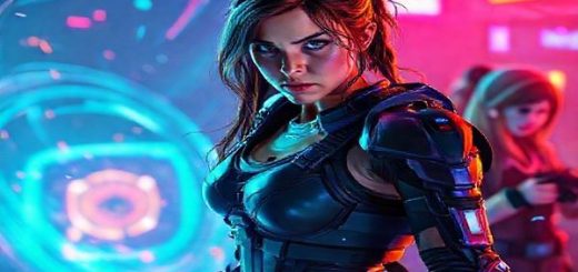 A vibrant scene captures protagonist Lara Thompson, a determined female gamer, clad in futuristic armor, standing at the edge of a neon-lit digital battlefield. Surrounded by swirling holographic elements representing her online competition, she looks fiercely confident, her eyes reflecting ambition and resilience. In the background, her fellow gamers Amelia and Sarah strategize with intense focus, enveloped in colorful, dynamic visuals that evoke a sense of urgency and empowerment. The atmosphere is electric, combining elements of suspense, action, and deep female camaraderie. High definition.