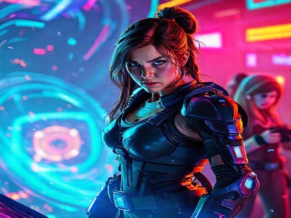 A vibrant scene captures protagonist Lara Thompson, a determined female gamer, clad in futuristic armor, standing at the edge of a neon-lit digital battlefield. Surrounded by swirling holographic elements representing her online competition, she looks fiercely confident, her eyes reflecting ambition and resilience. In the background, her fellow gamers Amelia and Sarah strategize with intense focus, enveloped in colorful, dynamic visuals that evoke a sense of urgency and empowerment. The atmosphere is electric, combining elements of suspense, action, and deep female camaraderie. High definition.