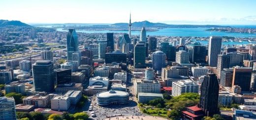 A vibrant aerial view of Auckland, New Zealand, showcasing its stunning blend of urban sophistication and natural beauty. The scene is set during summer with people enjoying sun-soaked beaches at Mission Bay, bustling outdoor festivals, and lush parks under clear blue skies. In the background, the iconic skyline is framed by volcanic landscapes and sparkling harbors. High definition.