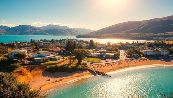 Create a high definition image of a vibrant, sun-kissed Nelson, New Zealand, showcasing its stunning landscapes in summer: golden beaches with sunbathers, azure Tasman Bay waters, lush hiking trails in Abel Tasman National Park, and a bustling Nelson Market filled with artisans and fresh local produce. Include hints of art and creativity in the atmosphere, capturing the lively energy of summer festivals and the warm welcoming spirit of the city.