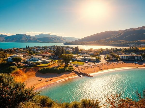 Create a high definition image of a vibrant, sun-kissed Nelson, New Zealand, showcasing its stunning landscapes in summer: golden beaches with sunbathers, azure Tasman Bay waters, lush hiking trails in Abel Tasman National Park, and a bustling Nelson Market filled with artisans and fresh local produce. Include hints of art and creativity in the atmosphere, capturing the lively energy of summer festivals and the warm welcoming spirit of the city.