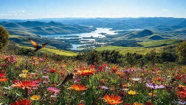 A breathtaking, high-definition scene of Zealandia Ecosanctuary in New Zealand during spring, showcasing a vibrant landscape filled with blossoming native flowers in vivid colors. The foreground features lively birds engaged in courtship rituals, while in the background, rolling lush green hills and serene lakes reflect the clear blue sky. Capture the essence of renewal as bright sunlight filters through the trees, casting playful shadows on the forest floor, offering a magical glimpse into this rewilded paradise.