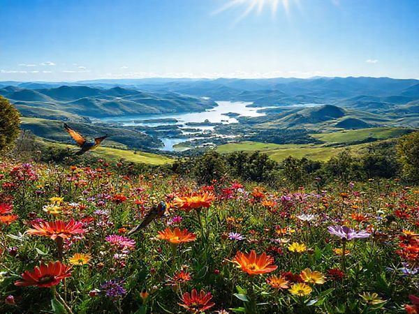 A breathtaking, high-definition scene of Zealandia Ecosanctuary in New Zealand during spring, showcasing a vibrant landscape filled with blossoming native flowers in vivid colors. The foreground features lively birds engaged in courtship rituals, while in the background, rolling lush green hills and serene lakes reflect the clear blue sky. Capture the essence of renewal as bright sunlight filters through the trees, casting playful shadows on the forest floor, offering a magical glimpse into this rewilded paradise.