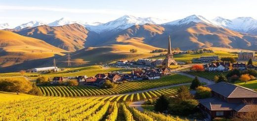 A high-definition image of the stunning Otago Region in New Zealand, showcasing the vibrant vineyards and rolling hills bathed in golden summer sunlight. Include the bustling atmosphere of Queenstown with adventure seekers bungee jumping and kayaking on serene lakes, surrounded by majestic mountains in the background. Contrasting this with the tranquil charm of Dunedin's historic architecture dusted in snow during winter, capturing the essence of each season's beauty from autumn foliage to spring blooms, inviting viewers to experience the diverse character of Otago throughout the year.