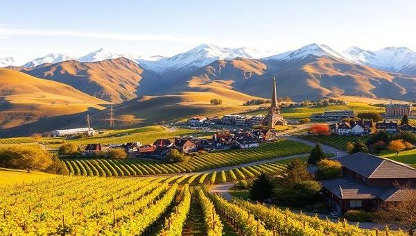 A high-definition image of the stunning Otago Region in New Zealand, showcasing the vibrant vineyards and rolling hills bathed in golden summer sunlight. Include the bustling atmosphere of Queenstown with adventure seekers bungee jumping and kayaking on serene lakes, surrounded by majestic mountains in the background. Contrasting this with the tranquil charm of Dunedin's historic architecture dusted in snow during winter, capturing the essence of each season's beauty from autumn foliage to spring blooms, inviting viewers to experience the diverse character of Otago throughout the year.