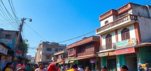 A vibrant and colorful street scene in West Bengal, featuring locals engaging in conversation, with traditional Bengali architecture in the background. Include people reading Bengali literature, listening to music, and participating in cultural activities, all under a bright blue sky. Showcase the beauty of the Bengali script as if it were artistically integrated into the ambiance. High definition.
