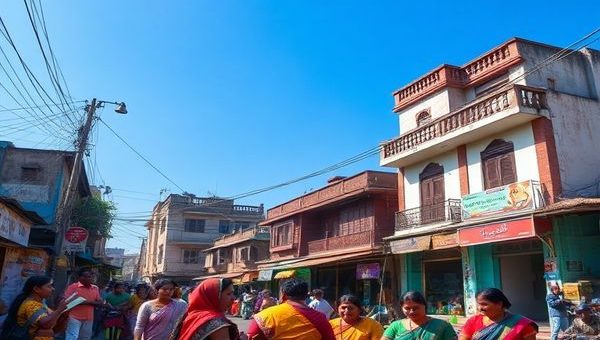 A vibrant and colorful street scene in West Bengal, featuring locals engaging in conversation, with traditional Bengali architecture in the background. Include people reading Bengali literature, listening to music, and participating in cultural activities, all under a bright blue sky. Showcase the beauty of the Bengali script as if it were artistically integrated into the ambiance. High definition.
