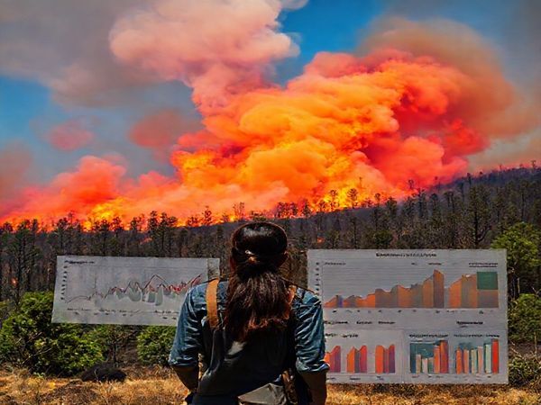 A dramatic landscape engulfed in a vibrant orange and red forest fire, with smoke billowing into a deep blue sky. In the foreground, a diverse group of researchers (a woman of South Asian descent and a man of African descent) looks thoughtfully at the blaze, surrounded by charts and data graphs illustrating the ecological and economic impacts of wildfires. In the background, burnt trees contrast with untouched greenery, symbolizing the complex interplay between destruction and resilience. The scene captures the urgency of understanding the multifaceted consequences of forest fires. High definition.