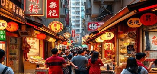 A vibrant street market in Hong Kong filled with colorful stalls and lively characters, showcasing Cantonese culture through traditional foods, arts, and local music. A blend of people engaged in conversations, reflecting the diversity of those learning Cantonese. Include iconic elements like neon signs, dim sum dishes, and calligraphy, all in high definition.
