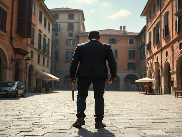 Create a high-definition image of a sun-dappled Italian town square, reminiscent of a cinematic setting. In the foreground, a solitary figure resembling Denzel Washington's character stands poised, embodying vigilante justice, while shadows of women linger in the background, representing their sidelined narratives. The architecture should reflect a blend of beauty and tension, with contrasting light and dim interiors suggesting both isolation and warmth. Atmospheric details like whispers of movement and hints of danger in the air enhance the scene's emotional complexity.