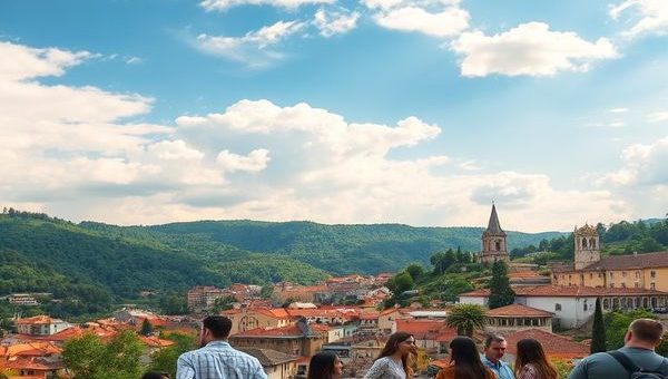 A high-definition image depicting a serene, contemporary landscape of Bosnia and Herzegovina, blending lush green hills and historical architecture with subtle symbols of resilience such as murals representing peace and human rights. In the foreground, people from diverse backgrounds engage in dialogue and community projects, symbolizing hope and collaboration in the shadow of war-torn past. The sky above is painted with warm light, suggesting a bright future filled with potential and transformation.