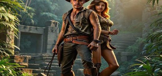 A high-definition image depicting a dynamic scene from "Indiana Jones and the Dial of Destiny," featuring Indiana Jones, a rugged adventurer with leather boots and a fedora, standing confidently in a lush jungle. Beside him is Helena Shaw, an assertive, determined woman with a whip in hand, showcasing her adventurous spirit. In the background, ancient ruins and artifacts hint at their exploration, while the interplay of light and shadow creates a sense of mystery and tension. The image captures the essence of adventure, legacy, and gender dynamics, highlighting the clash between tradition and modernity.