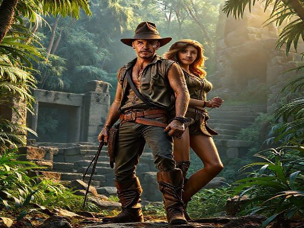 A high-definition image depicting a dynamic scene from "Indiana Jones and the Dial of Destiny," featuring Indiana Jones, a rugged adventurer with leather boots and a fedora, standing confidently in a lush jungle. Beside him is Helena Shaw, an assertive, determined woman with a whip in hand, showcasing her adventurous spirit. In the background, ancient ruins and artifacts hint at their exploration, while the interplay of light and shadow creates a sense of mystery and tension. The image captures the essence of adventure, legacy, and gender dynamics, highlighting the clash between tradition and modernity.