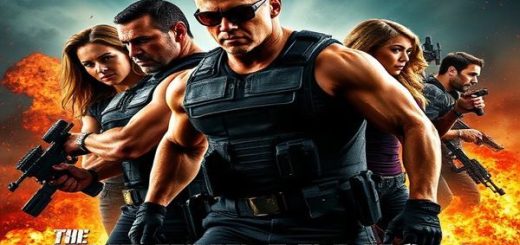Create a high-definition image depicting a dramatic movie poster for "The Expendables 4," featuring a dynamic action scene with muscular male characters prominently displayed alongside female characters in the background, portrayed as striking but secondary figures. The image should evoke a sense of explosive energy and tension, filled with vibrant colors and cinematic effects such as explosions and stylized motion blurs, highlighting the contrast between male dominance and the overlooked presence of women, while encapsulating the film's themes of tokenism and gender dynamics in high-octane action cinema.