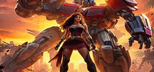 Create a high definition image of a dynamic scene from an epic battle in "Transformers: Rise of the Beasts," featuring a fierce female human character, Elena, standing confidently amidst colossal mechanical warriors. The backdrop should combine a sprawling urban landscape and ancient jungle, with vibrant colors and dramatic lighting highlighting the clash between metallic gladiators and their human counterparts. Capture a moment of unity and strength, showcasing Elena's intelligence and determination, as she interacts with a majestic Transformer, all while hinting at deeper themes of gender dynamics and familial connections.