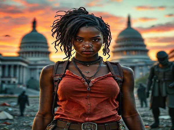 A high-definition image of a young woman with fierce determination, standing in a dystopian landscape that contrasts the opulence of a futuristic Capitol with the starkness of a rundown District 12. She is adorned in a mix of rugged attire and vibrant, theatrical elements, a symbolic blend of strength and fragility. In the background, shadowy figures representing patriarchal figures loom, while her gaze is direct and challenging. The scene captures an atmosphere of rebellion and resilience, adorned with visual motifs of songbirds and snakes, against a vivid sunset sky.