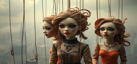 Create a high-definition image depicting a surreal, dystopian landscape filled with intricately designed puppets that symbolize female agency and societal constraints. The puppets should have lifelike features and emotional expressions, showcasing a range of dynamics between them. The background should be a hauntingly beautiful cityscape shrouded in mist, with shadows hinting at the strings that bind the puppets. Incorporate elements of vibrant textures and eerie sound waves swirling around them, enhancing the sense of unease and beauty.