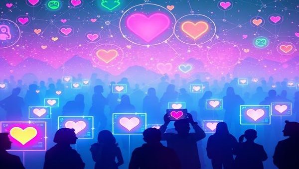 A surreal digital landscape where users engage in virtual dating, shrouded in dazzling animations of vibrant colors and glowing masks symbolize anonymity. In the foreground, silhouettes of individuals portray various attachment styles, some appearing anxious, others confident. Ethereal screens display heart icons and algorithms swirling around them, suggesting connections through technology. The ambiance evokes a blend of intrigue and emotion. Please render this scene in high definition.