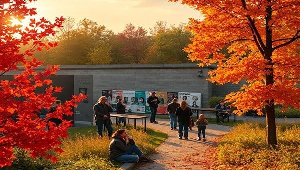**Image Prompt:** A high-definition illustration of the Berlin Wall Memorial during autumn, showcasing vibrant red and gold leaves falling around the preserved section of the wall. The scene captures visitors engaged in quiet reflection among the lush greenery, with colorful exhibits and installations in the background. The golden hour sunlight casts a warm glow, enhancing the serene atmosphere of this historic site.