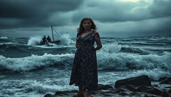 A stunning high-definition image depicting a tempestuous sea under dark, stormy skies, symbolizing the emotional turbulence and complexity of family dynamics. In the foreground, a steadfast woman stands on a rocky shore, embodying strength and resilience, while orchestral waves crash around her, highlighting the contrast between her stability and the chaotic ocean. In the background, shadowy figures of two men are seen navigating a tumultuous fishing boat, representing the struggle against traditional gender roles, with a hint of a bustling Massachusetts port in the distance, adding depth to the scene.