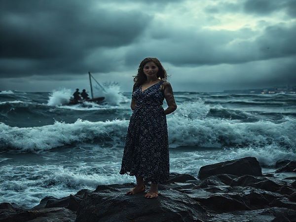A stunning high-definition image depicting a tempestuous sea under dark, stormy skies, symbolizing the emotional turbulence and complexity of family dynamics. In the foreground, a steadfast woman stands on a rocky shore, embodying strength and resilience, while orchestral waves crash around her, highlighting the contrast between her stability and the chaotic ocean. In the background, shadowy figures of two men are seen navigating a tumultuous fishing boat, representing the struggle against traditional gender roles, with a hint of a bustling Massachusetts port in the distance, adding depth to the scene.