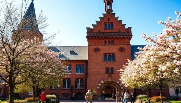 Create a high-definition image of the Holstentor in Lübeck, Germany, capturing its majestic red-brick Gothic architecture under a clear blue sky in springtime. Surround the gate with vibrant blossoms and lush greenery, showcasing the beauty of nature coming to life. Include people casually walking and enjoying the scenery, with soft sunlight casting gentle shadows, embodying the tranquility and energy of the season.