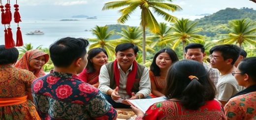 A vibrant scene showcasing a diverse group of people engaged in a lively Indonesian language class. In the foreground, a native Indonesian tutor enthusiastically teaches a mix of students of various backgrounds, surrounded by colorful cultural artifacts, such as batik textiles and traditional shadow puppets. The backdrop features a lush tropical landscape with palm trees and distant islands, symbolizing Indonesia's beauty. Emphasize the warmth of cultural exchange and the joy of learning in high definition.