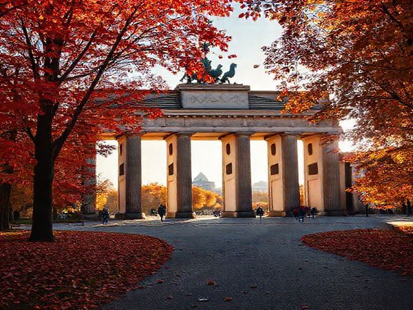 A high-definition image of the Brandenburg Gate in Berlin, surrounded by vibrant autumn colors, with red, orange, and yellow leaves from the surrounding trees in the Tiergarten. The scene captures a peaceful atmosphere with fewer tourists, as soft sunlight filters through the foliage, illuminating the iconic neoclassical architecture of the gate. Include a few fallen leaves on the path and the distant silhouette of the city, evoking a serene yet lively fall day.
