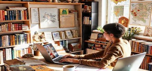 A cozy, sunlit room filled with books and cultural artifacts representing Romania, such as traditional costumes, folk instruments, and maps of Bucharest and Transylvania. A person of diverse background sits at a desk, engaged in a vibrant online lesson with a native Romanian tutor on a laptop, surrounded by notes and coffee. The atmosphere is warm and inviting, showcasing a mix of modern technology and rich cultural heritage. High definition.