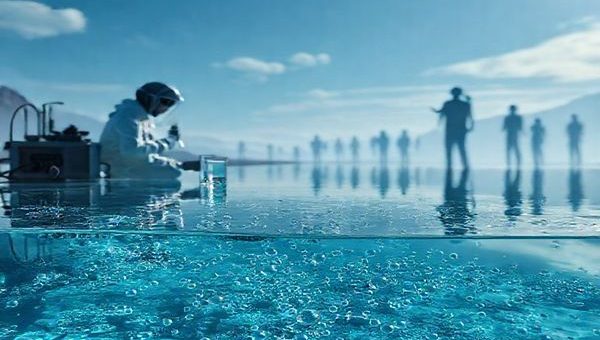 Create a high definition image depicting a surreal landscape with a crystal-clear water body layered with subtle chemical structures of PFAS floating on the surface. Surround this scene with futuristic lab equipment and scientists in protective gear analyzing water samples, while ghostly silhouettes of humans fade in and out of focus in the background, representing the unseen impact of these "forever chemicals." The atmosphere should convey a sense of urgency and the quest for solutions against an invisible and persistent threat.