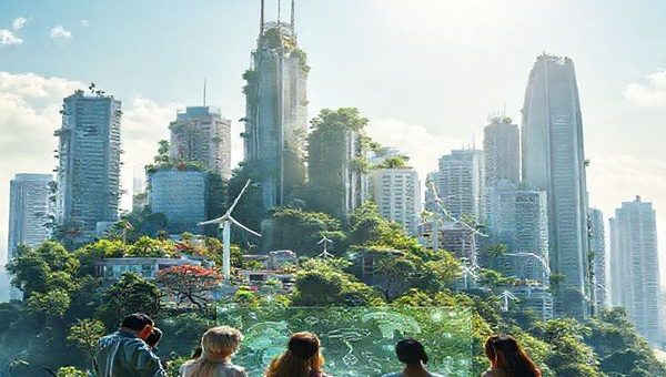 Create a high-definition image of a futuristic cityscape blending nature and technology, where eco-friendly skyscrapers are intertwined with lush greenery and renewable energy sources like wind turbines and solar panels. In the foreground, a diverse group of people from different cultures collaborate over holographic data displays revealing complex machine learning models, symbolizing the connection between economic growth and environmental sustainability. The sky is bright and clear, representing a hopeful future for OECD nations pursuing sustainable development.