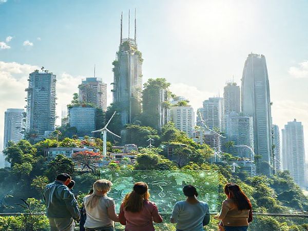 Create a high-definition image of a futuristic cityscape blending nature and technology, where eco-friendly skyscrapers are intertwined with lush greenery and renewable energy sources like wind turbines and solar panels. In the foreground, a diverse group of people from different cultures collaborate over holographic data displays revealing complex machine learning models, symbolizing the connection between economic growth and environmental sustainability. The sky is bright and clear, representing a hopeful future for OECD nations pursuing sustainable development.