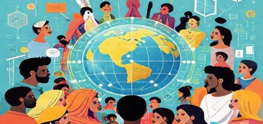A vibrant illustration of a diverse group of people representing various cultures engaging with advanced AI systems, surrounded by abstract symbols of fairness, ethics, and technology. The scene evokes the balance between cultural inclusivity and human rights, with elements like a globe, algorithms, and human rights charters integrated into the background. High definition.