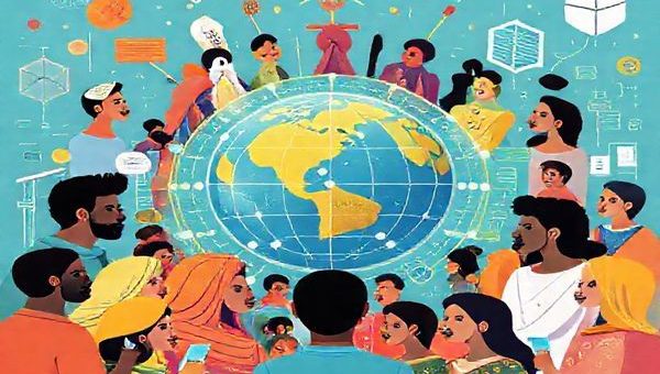 A vibrant illustration of a diverse group of people representing various cultures engaging with advanced AI systems, surrounded by abstract symbols of fairness, ethics, and technology. The scene evokes the balance between cultural inclusivity and human rights, with elements like a globe, algorithms, and human rights charters integrated into the background. High definition.