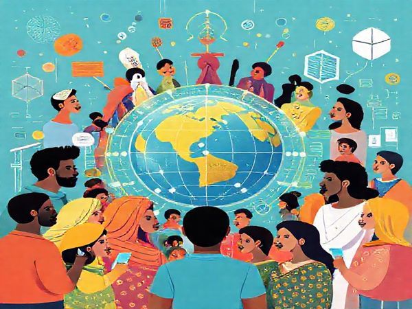 A vibrant illustration of a diverse group of people representing various cultures engaging with advanced AI systems, surrounded by abstract symbols of fairness, ethics, and technology. The scene evokes the balance between cultural inclusivity and human rights, with elements like a globe, algorithms, and human rights charters integrated into the background. High definition.