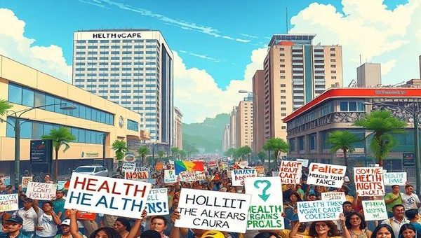 A high-definition illustration showing a vibrant and bustling street scene in Bogotá, Colombia, where passionate citizens hold signs advocating for health rights and equity. In the background, contrasting images of modern healthcare facilities and crumbling public health infrastructure symbolize the clash between neoliberal reforms and human rights. Include elements of equal access, solidarity, and a diverse community united in their demand for change, with a dramatic sky reflecting hope and determination.