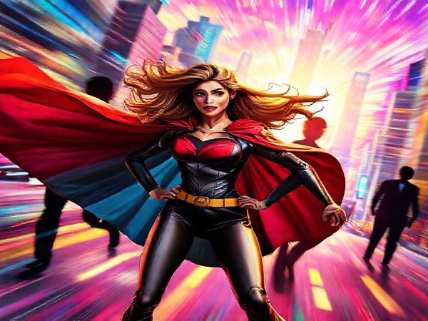 A high-definition image of a dynamic superhero in a vibrant, kaleidoscopic cityscape, embodying speed and movement, with swirling capes and blurring backgrounds. In the foreground, a powerful female figure stands confidently, her eyes reflecting ambition and agency, challenging the traditional roles of heroism. Colors burst in a spectacular dance around them, symbolizing a clash of gender dynamics, with shadowy figures of male characters lingering in the background, underlining narrative depth.