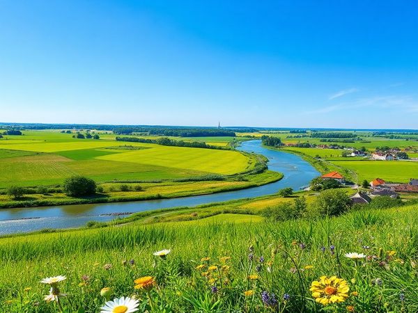 High definition image of Landkreis Märkisch-Oderland in summer, featuring vibrant green fields under a bright blue sky, the serene Oder River winding through the landscape, wildflowers in bloom, and a lively local festival with people enjoying music and gastronomy in charming villages. Capture the essence of tranquility and natural beauty in this picturesque German countryside.