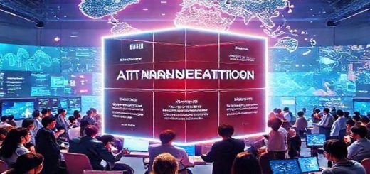 A vibrant, high-definition image depicting a futuristic organizational environment with a three-dimensional AI transformation framework cube at its center. Surrounding the cube, diverse professionals engage in discussions, visualizing concepts of automation, augmentation, and data richness. Bright screens display data visualizations and AI tools at work, while a digital map of strategic pathways illuminates the background, symbolizing the journey of AI integration in businesses.