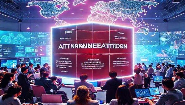 A vibrant, high-definition image depicting a futuristic organizational environment with a three-dimensional AI transformation framework cube at its center. Surrounding the cube, diverse professionals engage in discussions, visualizing concepts of automation, augmentation, and data richness. Bright screens display data visualizations and AI tools at work, while a digital map of strategic pathways illuminates the background, symbolizing the journey of AI integration in businesses.