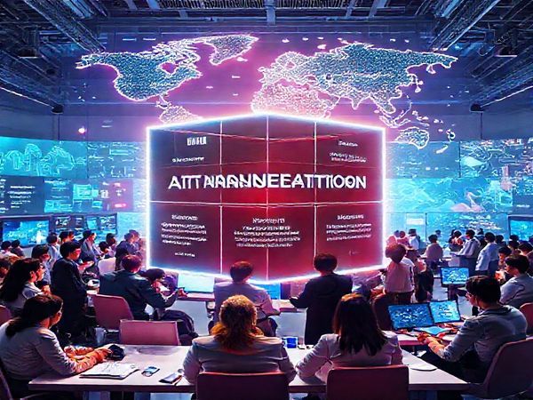 A vibrant, high-definition image depicting a futuristic organizational environment with a three-dimensional AI transformation framework cube at its center. Surrounding the cube, diverse professionals engage in discussions, visualizing concepts of automation, augmentation, and data richness. Bright screens display data visualizations and AI tools at work, while a digital map of strategic pathways illuminates the background, symbolizing the journey of AI integration in businesses.