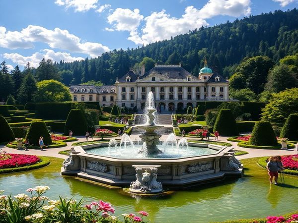 Create a high-definition image of Linderhof Palace in a stunning summer setting, showcasing its Baroque and Rococo artistry surrounded by vibrant green gardens and colorful blooms. Include intricate fountains and the iconic Venus Grotto in the foreground, with sunshine illuminating the scene and tourists strolling through the lush parklands. Capture the enchanting atmosphere of this fairy tale-like destination in Bavaria, Germany.