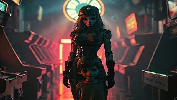 A high-definition image of a dimly lit, eerie arcade room filled with animatronic characters, showcasing a vivid contrast of grimy metal and soft, flickering neon lights. In the foreground, a female night guard stands confidently, embodying both bravery and vulnerability, with a protective stance over a young boy behind her. Shadows dance along the walls, while soft, ethereal crepuscular rays filter through dirty windows, casting an enchanting glow on the haunting yet mesmerizing scene, reflecting themes of empowerment and gender dynamics within a horror aesthetic.