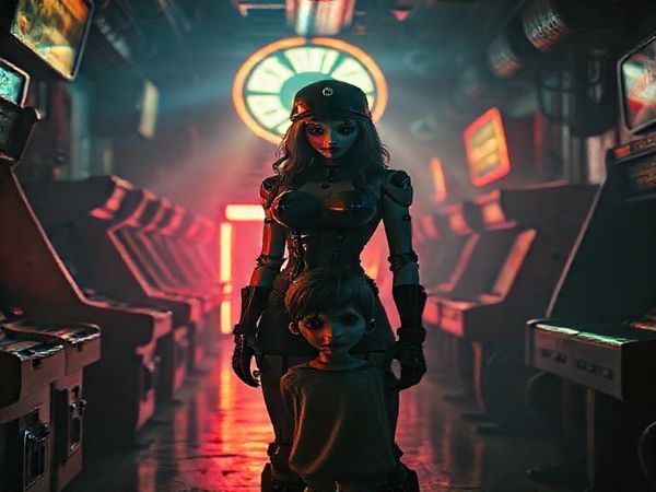 A high-definition image of a dimly lit, eerie arcade room filled with animatronic characters, showcasing a vivid contrast of grimy metal and soft, flickering neon lights. In the foreground, a female night guard stands confidently, embodying both bravery and vulnerability, with a protective stance over a young boy behind her. Shadows dance along the walls, while soft, ethereal crepuscular rays filter through dirty windows, casting an enchanting glow on the haunting yet mesmerizing scene, reflecting themes of empowerment and gender dynamics within a horror aesthetic.